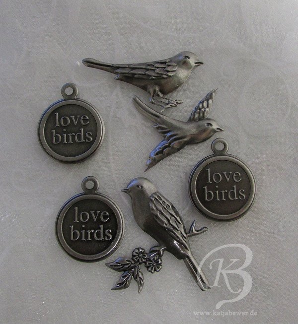 6 Charms "love birds" antiksilber