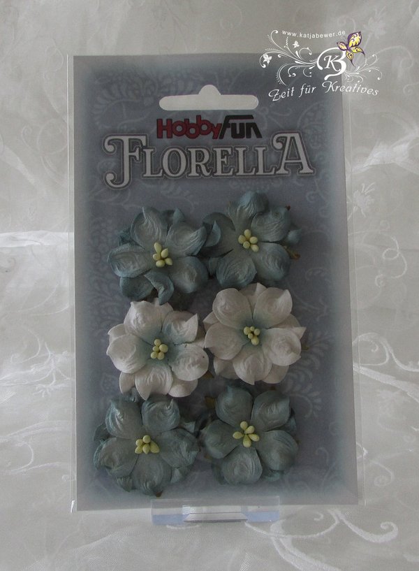 6 Blüten aus Maulbeerpapier ca.3,5cm, hellblau