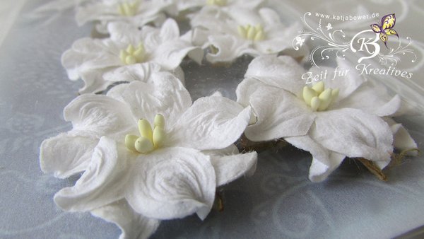 6 Blüten aus Maulbeerpapier ca.3,5cm, weiß