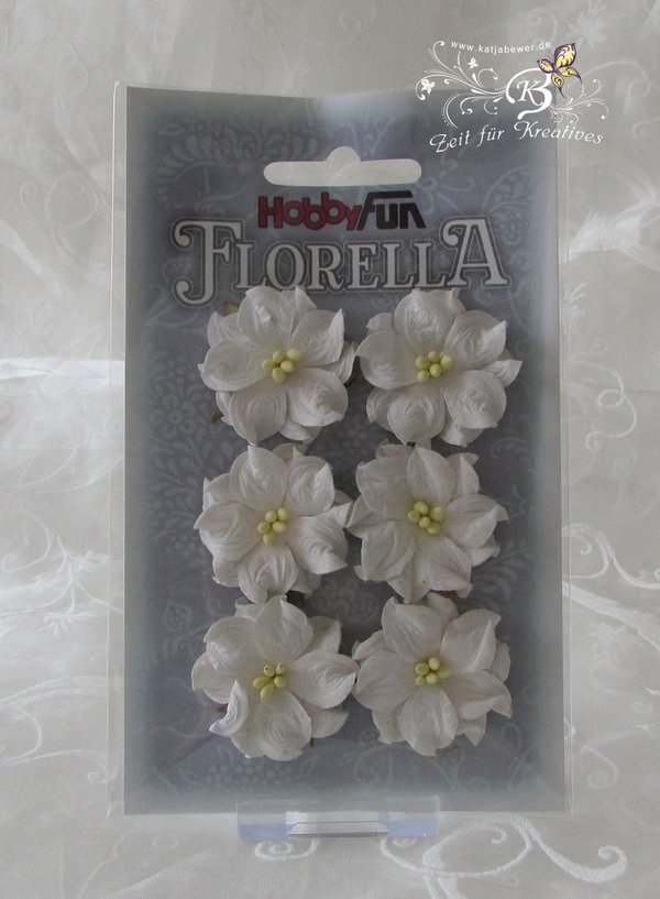 6 Blüten aus Maulbeerpapier ca.3,5cm, weiß