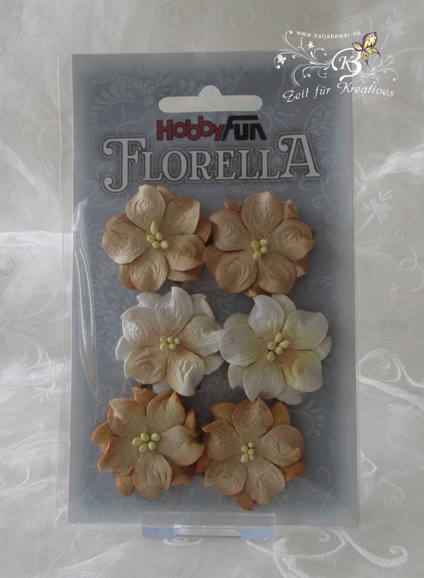 6 Blüten aus Maulbeerpapier ca.3,5cm, beige